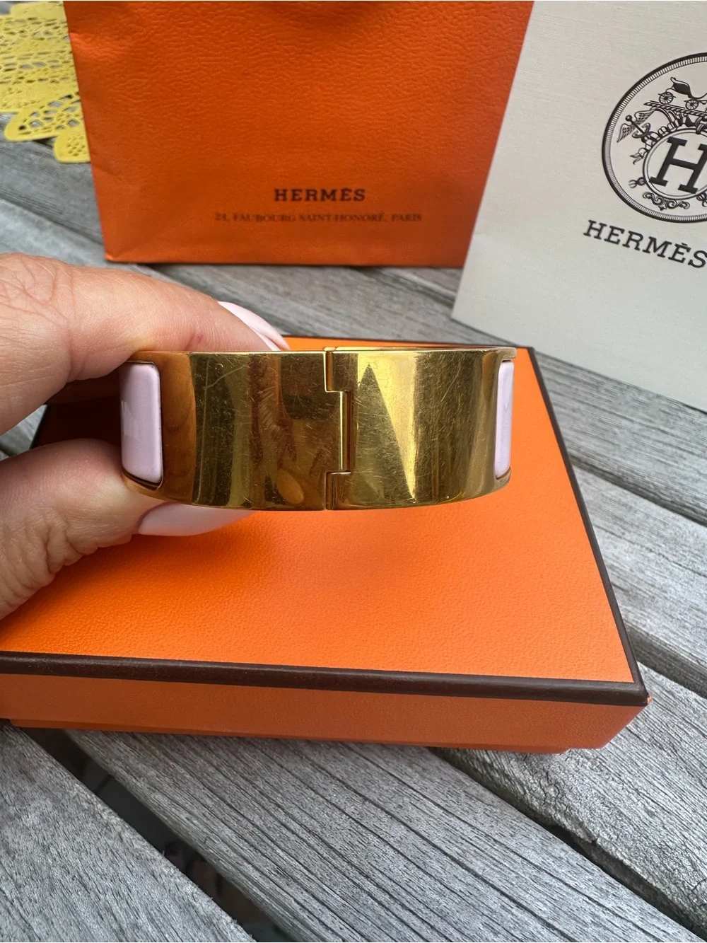 Hermes Pink Enamel H Bracelet with Gold Hardware PM